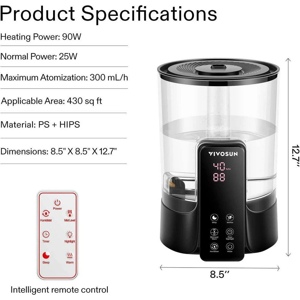 VIVOSUN 1.58 Gallon Cool and Warm Mist Ultrasonic Humidifier with Essential Oil Box and Remote Control up to 430 sq. ft. 9 VIVOSUN 1.58 Gallon Cool and Warm Mist Ultrasonic Humidifier with Essential Oil Box and Remote Control up to 430 sq. ft. - Image 7