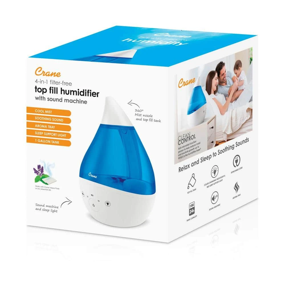 Crane 1 Gal. Top Fill Drop Cool Mist Humidifier with Sound Machine for Medium to Large Rooms up to 500 sq. ft. - Blue/White 11 Crane 1 Gal. Top Fill Drop Cool Mist Humidifier with Sound Machine for Medium to Large Rooms up to 500 sq. ft. - Blue/White - Image 9