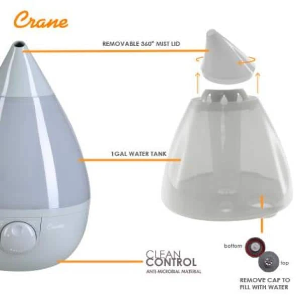 Crane 1 Gal. Drop Ultrasonic Cool Mist Humidifier for Medium to Large Rooms up to 500 sq. ft. - Grey 7 Crane 1 Gal. Drop Ultrasonic Cool Mist Humidifier for Medium to Large Rooms up to 500 sq. ft. - Grey - Image 5