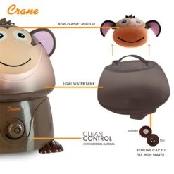 Crane 1 Gal. Adorable Ultrasonic Cool Mist Humidifier for Medium to Large Rooms up to 500 sq. ft. - Monkey 15 Crane 1 Gal. Adorable Ultrasonic Cool Mist Humidifier for Medium to Large Rooms up to 500 sq. ft. - Monkey -Air Quality Shop multi crane humidifiers ee 8190 66 1000