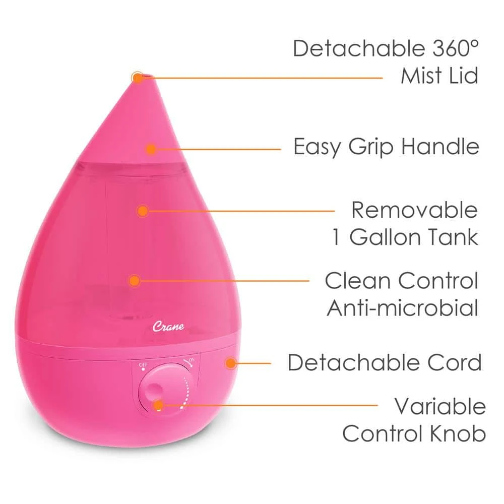 Crane 1 Gal. Drop Ultrasonic Cool Mist Humidifier for Medium to Large Rooms up to 500 sq. ft. - Pink 7 Crane 1 Gal. Drop Ultrasonic Cool Mist Humidifier for Medium to Large Rooms up to 500 sq. ft. - Pink - Image 5