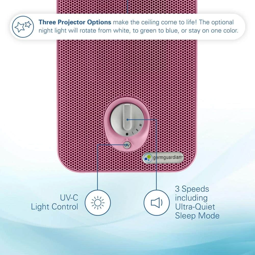 GermGuardian 4-in-1 Tabletop Nighttime Projector Air Purifier with HEPA filter for Small Rooms, Pink 4 GermGuardian 4-in-1 Tabletop Nighttime Projector Air Purifier with HEPA filter for Small Rooms, Pink - Image 2