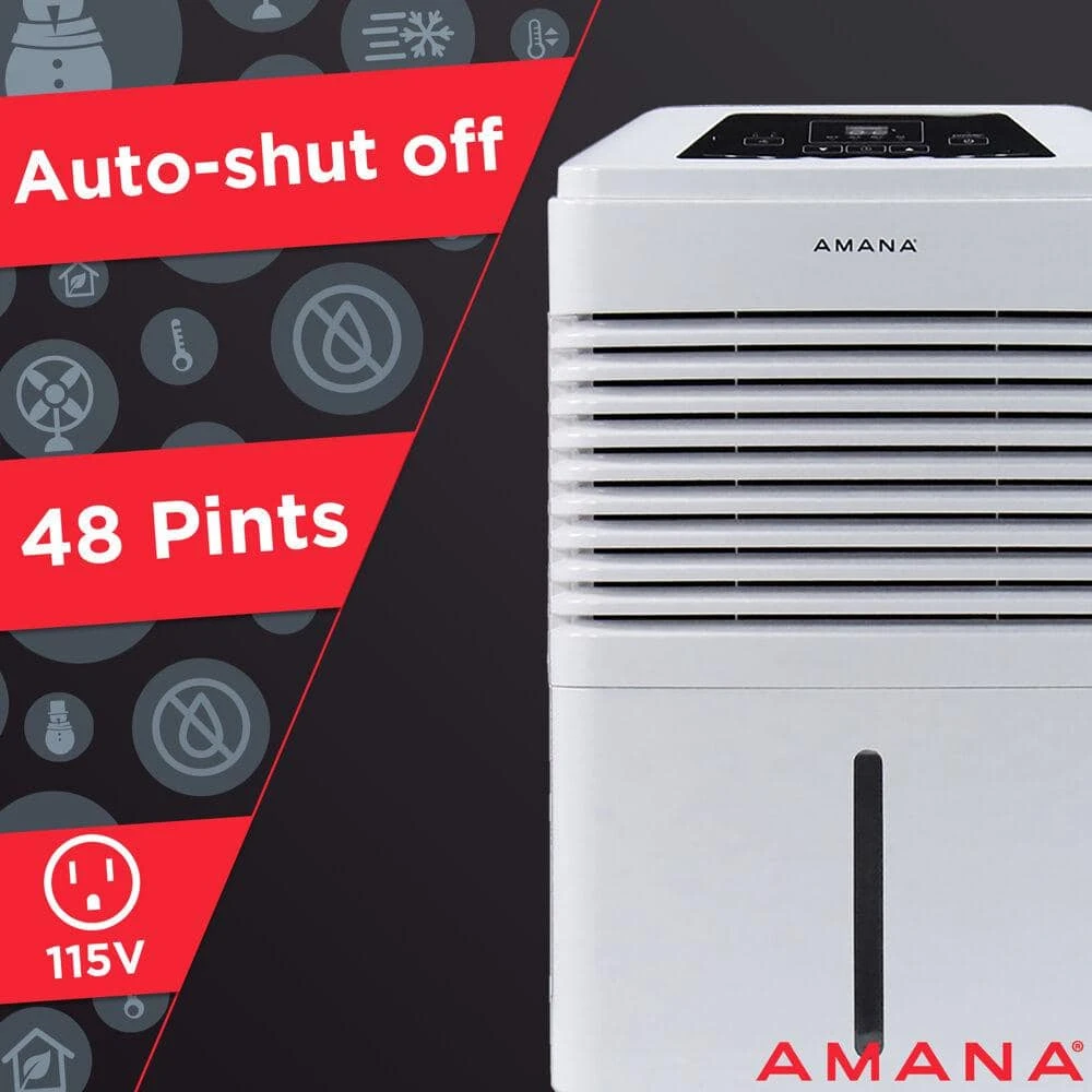 Amana 48 pt. Portable Dehumidifier with Adjustable Humidistat, Auto Shut-Off, 24-Hour Timer for Bathrooms, Basements, Bedrooms 5 Amana 48 pt. Portable Dehumidifier with Adjustable Humidistat, Auto Shut-Off, 24-Hour Timer for Bathrooms, Basements, Bedrooms - Image 3