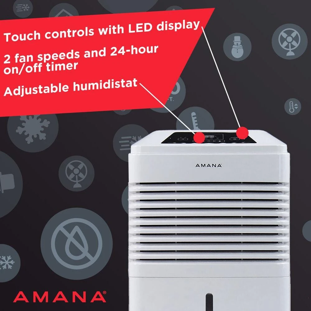 Amana 48 pt. Portable Dehumidifier with Adjustable Humidistat, Auto Shut-Off, 24-Hour Timer for Bathrooms, Basements, Bedrooms 4 Amana 48 pt. Portable Dehumidifier with Adjustable Humidistat, Auto Shut-Off, 24-Hour Timer for Bathrooms, Basements, Bedrooms - Image 2
