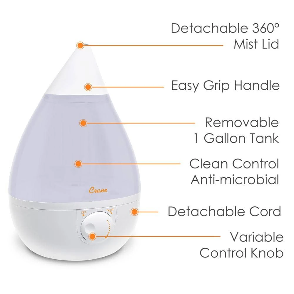 Crane 1 Gal. Drop Ultrasonic Cool Mist Humidifier for Medium to Large Rooms up to 500 sq. ft. - White 6 Crane 1 Gal. Drop Ultrasonic Cool Mist Humidifier for Medium to Large Rooms up to 500 sq. ft. - White - Image 4