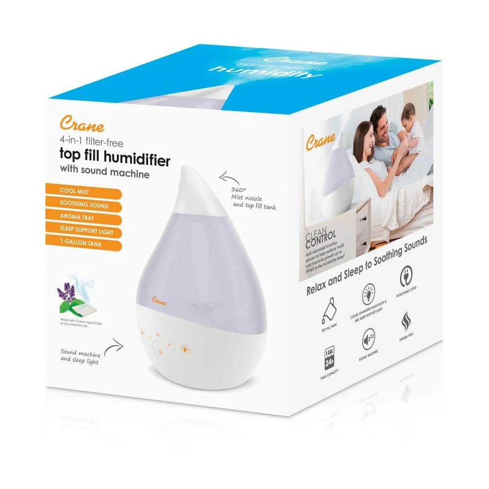 Crane 1 Gal. Top Fill Drop Cool Mist Humidifier with Sound Machine for Medium to Large Rooms up to 500 sq. ft. - White 10 Crane 1 Gal. Top Fill Drop Cool Mist Humidifier with Sound Machine for Medium to Large Rooms up to 500 sq. ft. - White - Image 8