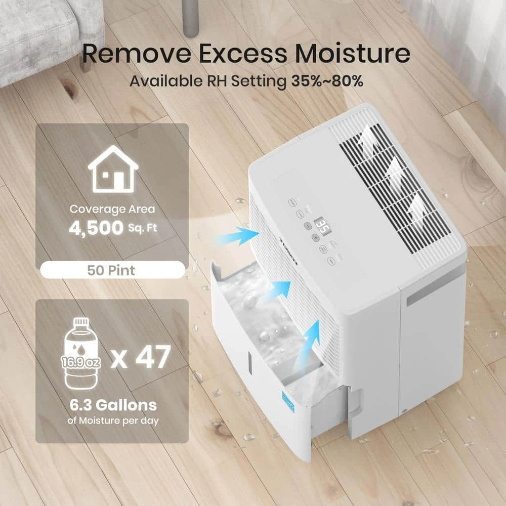 Tosot 50-Pint Capacity 4,500 sq.ft. Energy Star Dehumidifier for Home, Basement, Bedroom or Bathroom 5 Tosot 50-Pint Capacity 4,500 sq.ft. Energy Star Dehumidifier for Home, Basement, Bedroom or Bathroom - Image 3