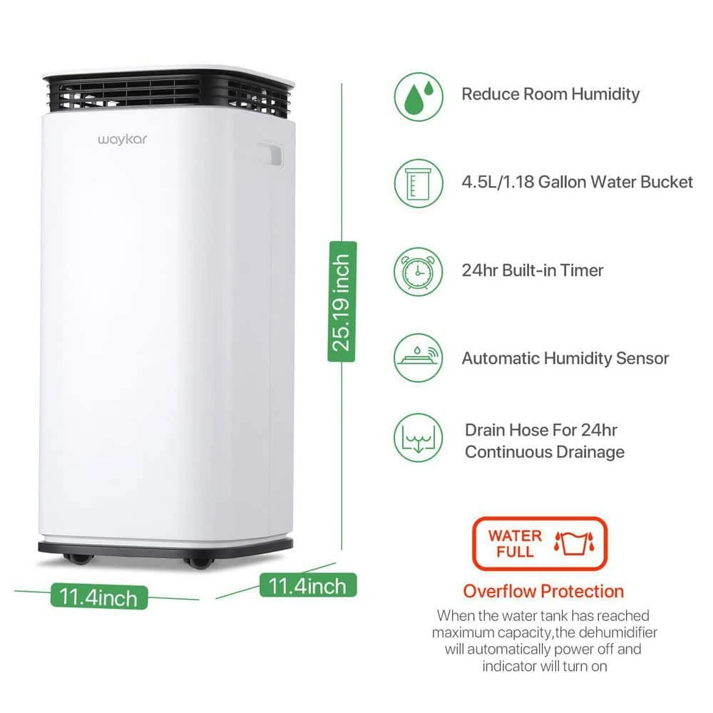 Waykar 70-Pint Capacity Smart Dehumidifier Covering Up To 4,500 Square Feet With 1.18 Gallon Water Tank And Four Water Outlets 12 Waykar 70-Pint Capacity Smart Dehumidifier Covering Up To 4,500 Square Feet With 1.18 Gallon Water Tank And Four Water Outlets - Image 10