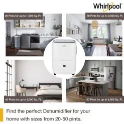 Whirlpool 20-Pint Portable Dehumidifier with 24-Hour Timer, Auto Shut-Off, Easy-Clean Filter, Auto-Restart and Wheels -Air Quality Shop whites whirlpool dehumidifiers whad201cw 44 1000