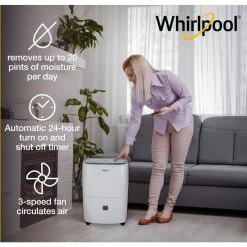 Whirlpool 20-Pint Portable Dehumidifier with 24-Hour Timer, Auto Shut-Off, Easy-Clean Filter, Auto-Restart and Wheels -Air Quality Shop whites whirlpool dehumidifiers whad201cw c3 1000