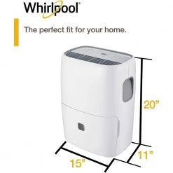 Whirlpool 30-Pint Portable Dehumidifier with 24-Hour Timer, Auto Shut-Off, Easy-Clean Filter, Auto-Restart and Wheels -Air Quality Shop whites whirlpool dehumidifiers whad301cw 4f 1000