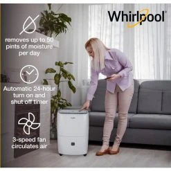 Whirlpool 50-Pint Portable Dehumidifier with 24-Hour Timer, Auto Shut-Off, Easy-Clean Filter, Auto-Restart and Wheels 13 Whirlpool 50-Pint Portable Dehumidifier with 24-Hour Timer, Auto Shut-Off, Easy-Clean Filter, Auto-Restart and Wheels -Air Quality Shop whites whirlpool dehumidifiers whad501cw c3 1000