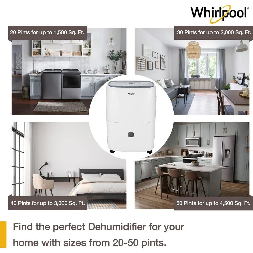 Whirlpool 50-Pint Portable Dehumidifier with Built-In Pump, 24-Hour Timer, Auto Shut-Off, Easy-Clean Filter and Auto-Restart 9 Whirlpool 50-Pint Portable Dehumidifier with Built-In Pump, 24-Hour Timer, Auto Shut-Off, Easy-Clean Filter and Auto-Restart - Image 7