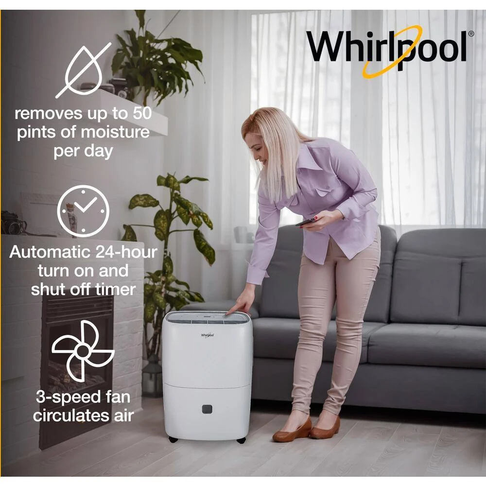 Whirlpool 50-Pint Portable Dehumidifier with Built-In Pump, 24-Hour Timer, Auto Shut-Off, Easy-Clean Filter and Auto-Restart 6 Whirlpool 50-Pint Portable Dehumidifier with Built-In Pump, 24-Hour Timer, Auto Shut-Off, Easy-Clean Filter and Auto-Restart - Image 4